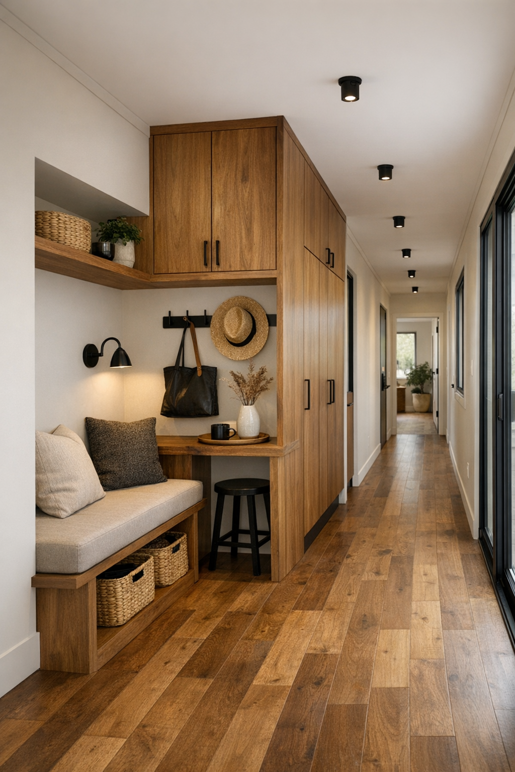 Wide hallway and multipurpose nook with built-in storage and warm wood finishes