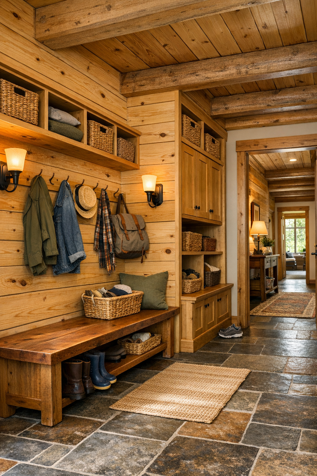 Handcrafted mudroom and hallway with wood bench, pegs, and built-in storage