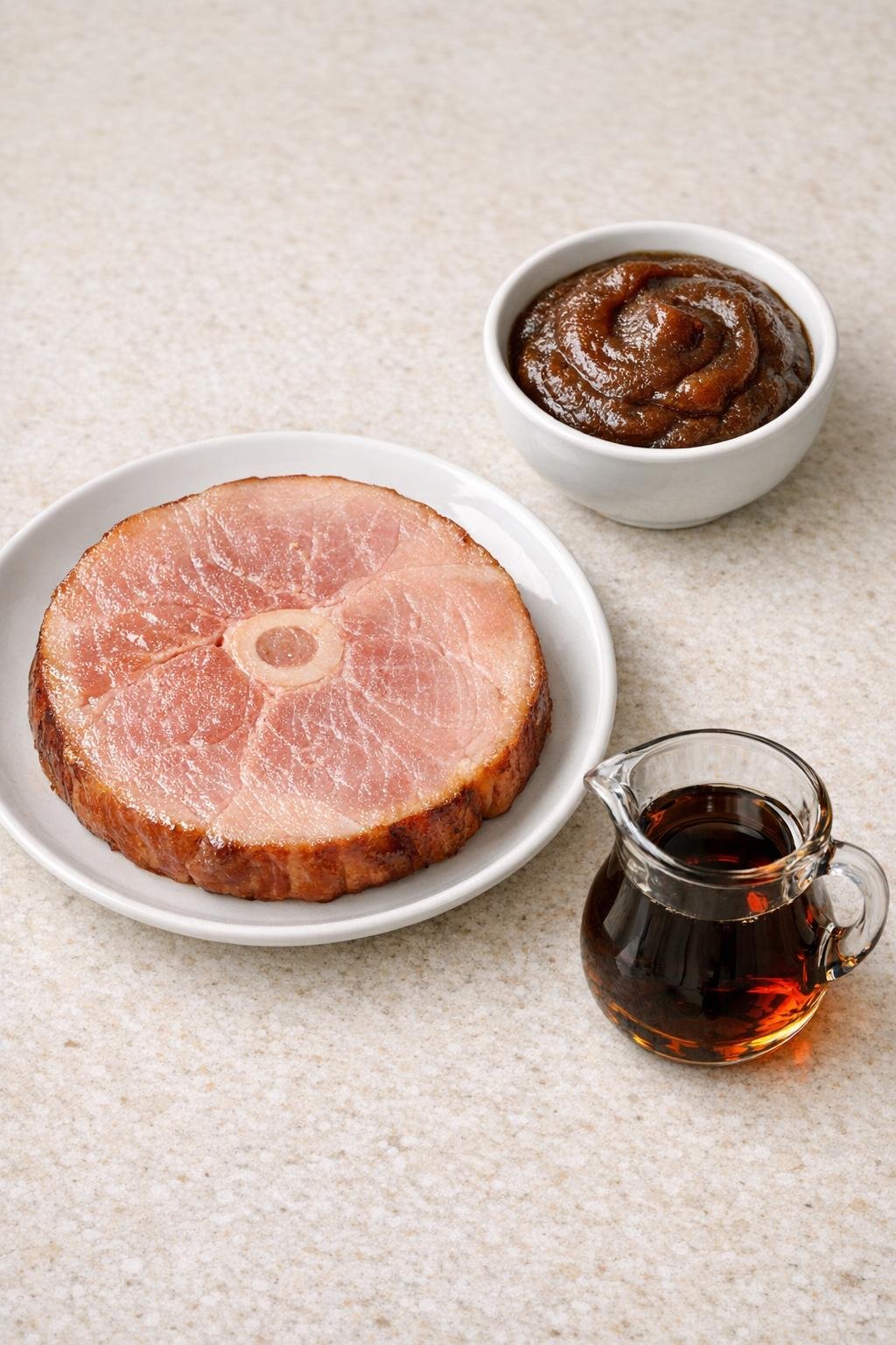 Ham steak, apple butter, and maple syrup ingredients