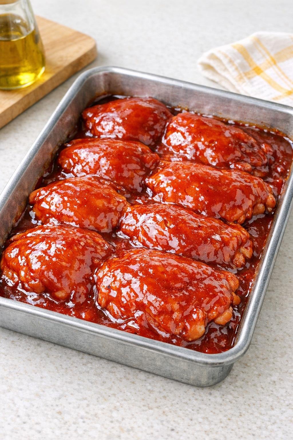 Chicken coated in glaze before baking