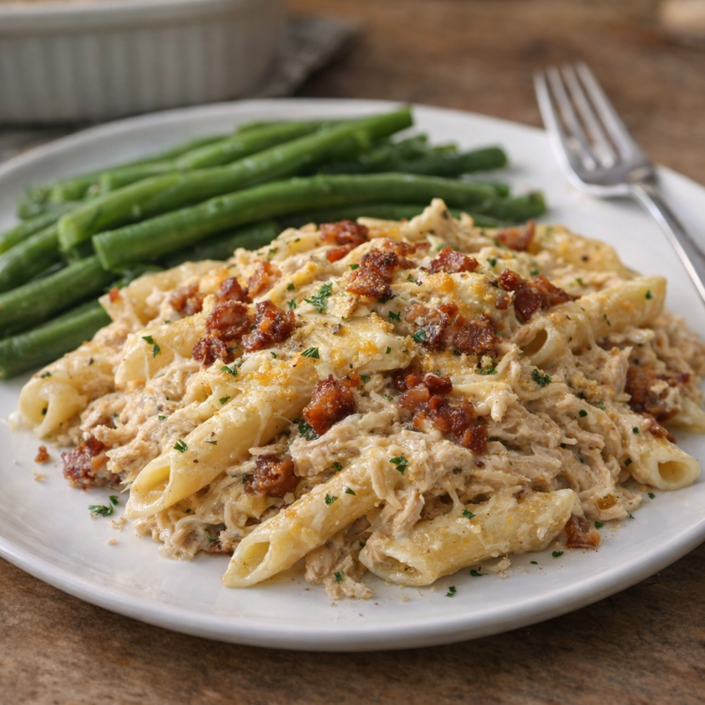 Serving of chicken pasta casserole on a simple plate