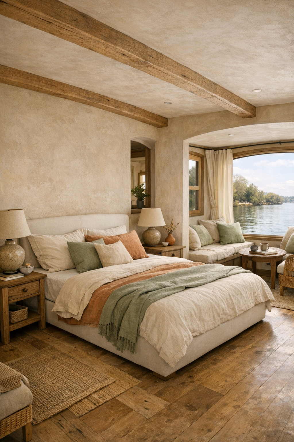 Serene Tuscan bedroom with ivory upholstered bed, plaster walls, and layered linen bedding