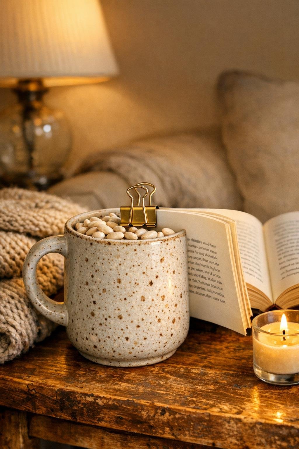 Finished ceramic mug book page holder in a living room