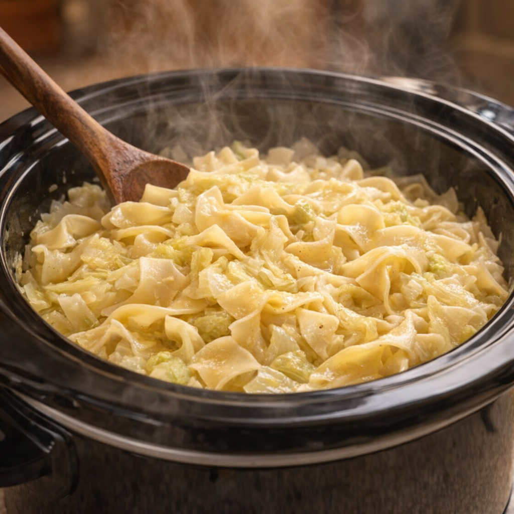 Egg noodles stirred into buttery cabbage