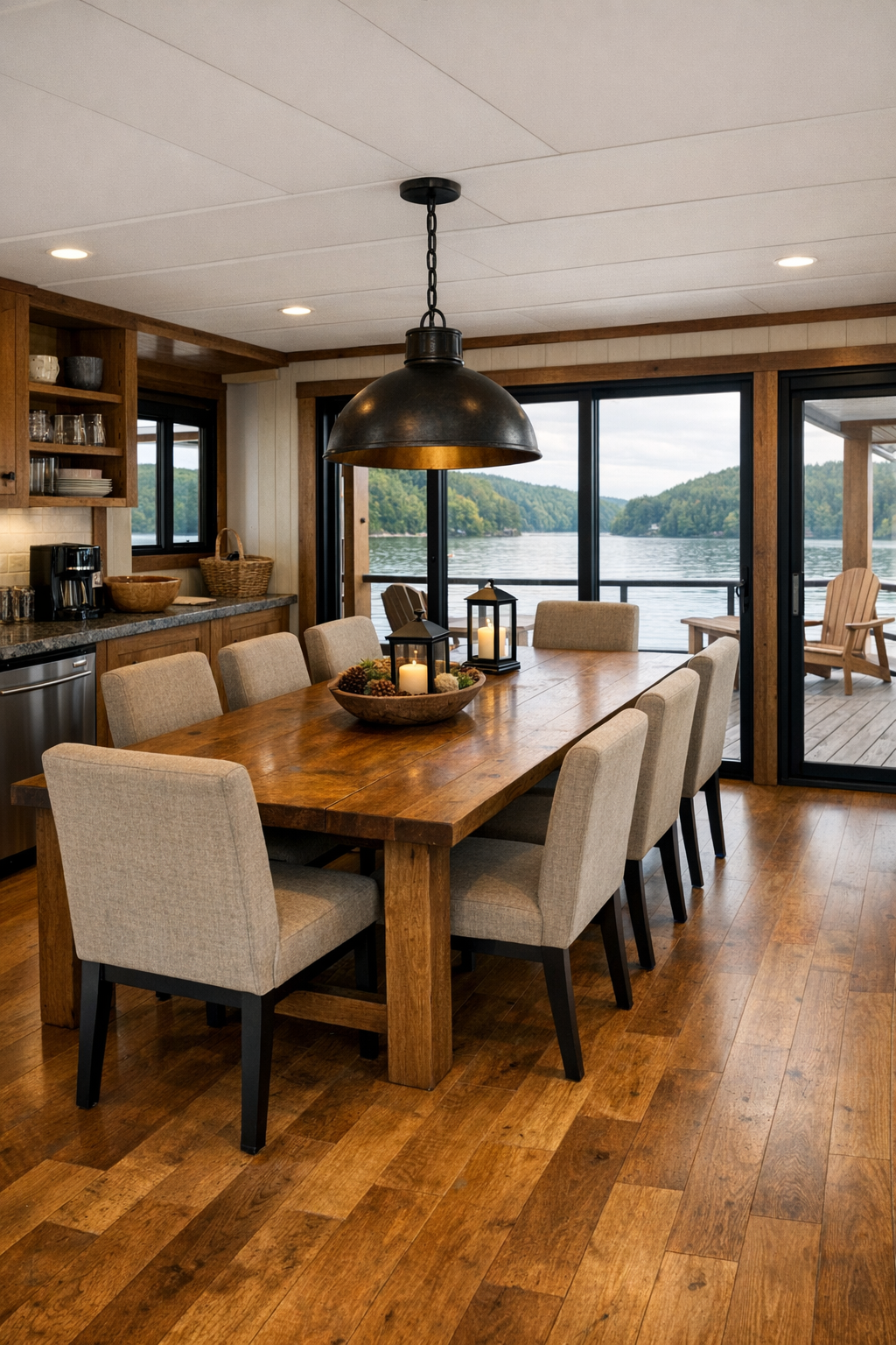 Warm lodge-style dining room with a solid wood table and open circulation