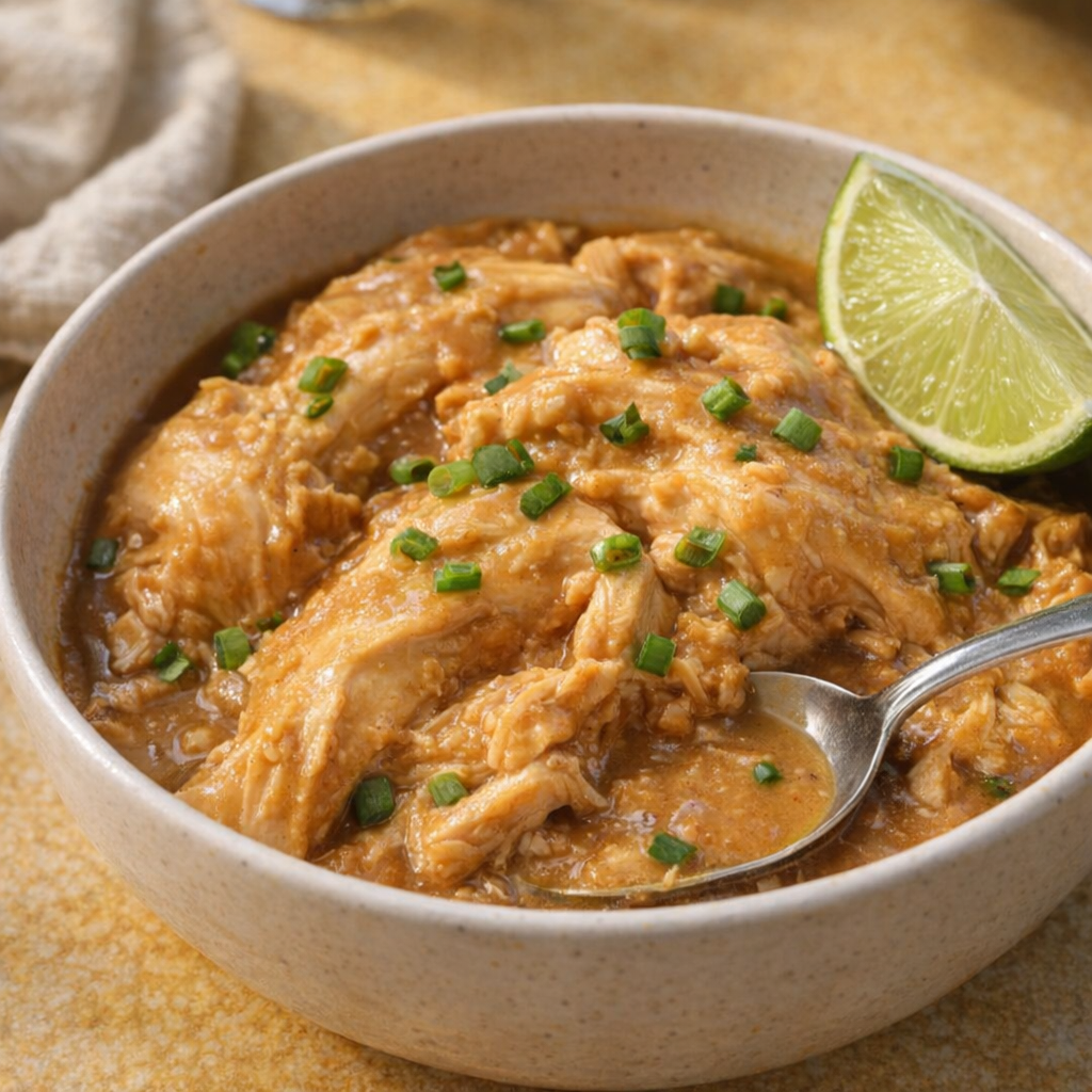 Serving bowl of peanut butter chicken with green onion garnish