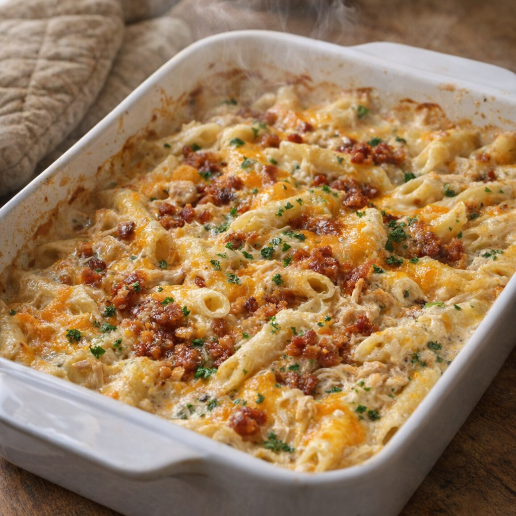 Freshly baked chicken pasta with bubbling cheese