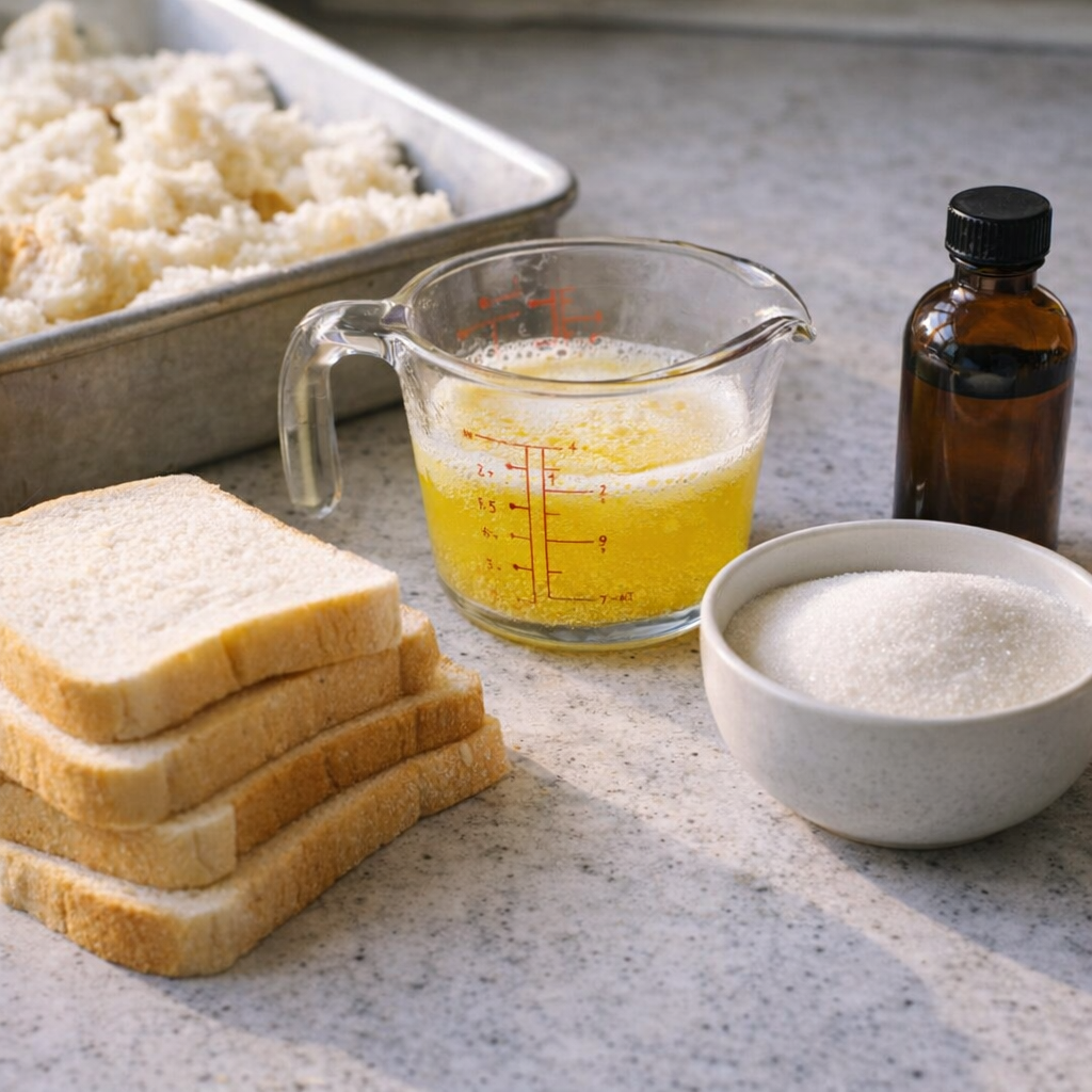 Simple ingredients for torn bread dessert arranged on a kitchen counter