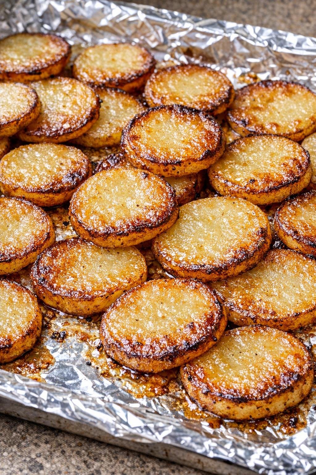 Southern 3-ingredient golden lunchroom pennies baked until golden brown on a foil-lined tray