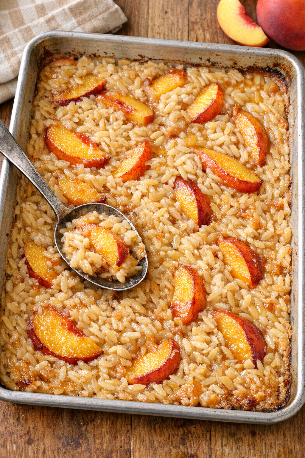Finished baked peach orzo dessert in a sheet pan