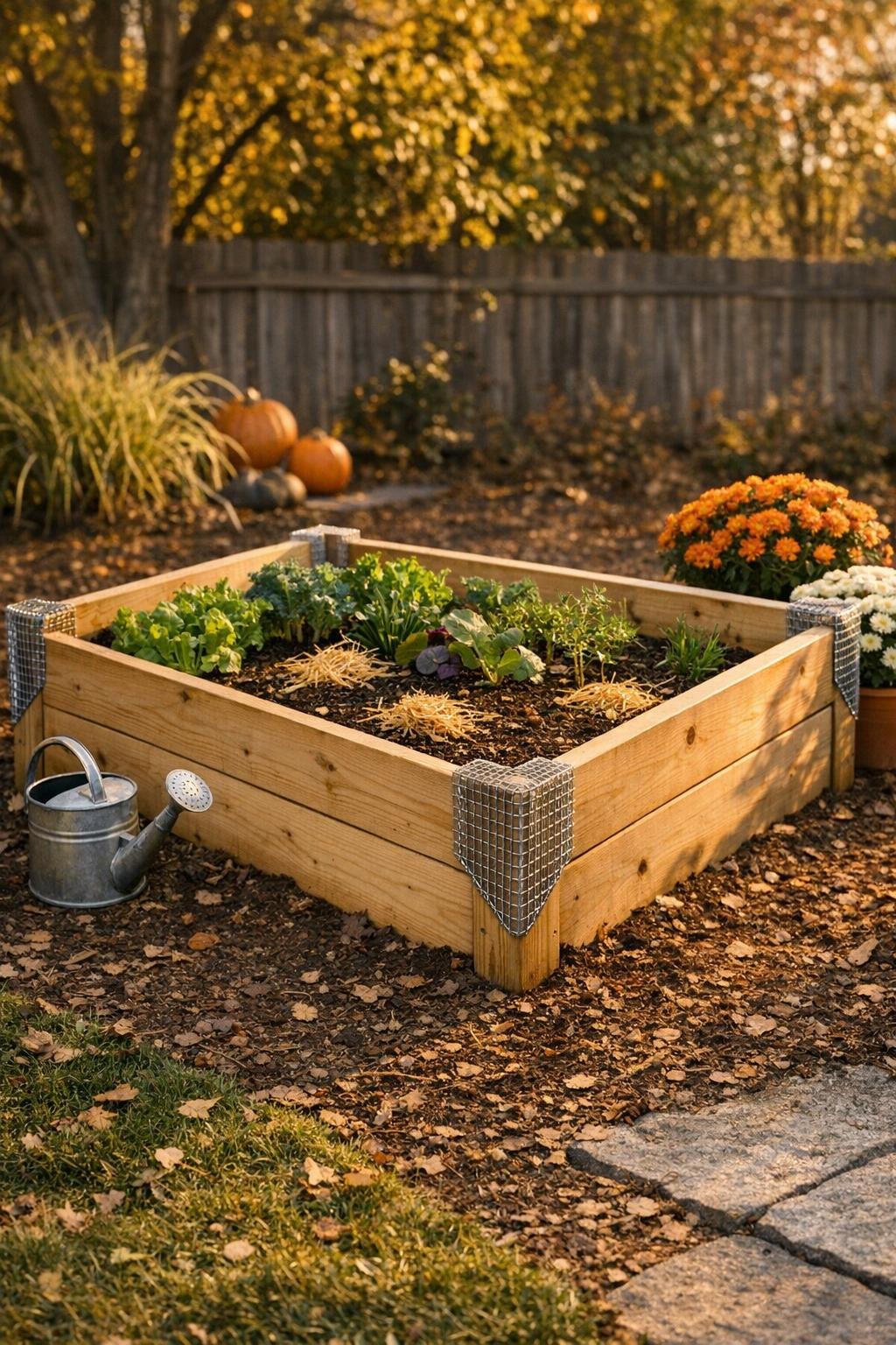 Finished raised garden bed with galvanized hardware cloth corner braces