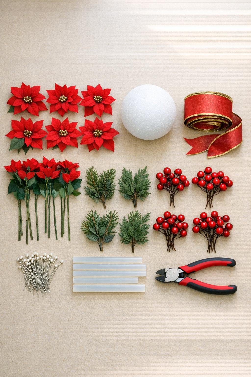 Dollar store poinsettias, foam ball, ribbon, greenery, berry picks, pins, and glue arranged on a table