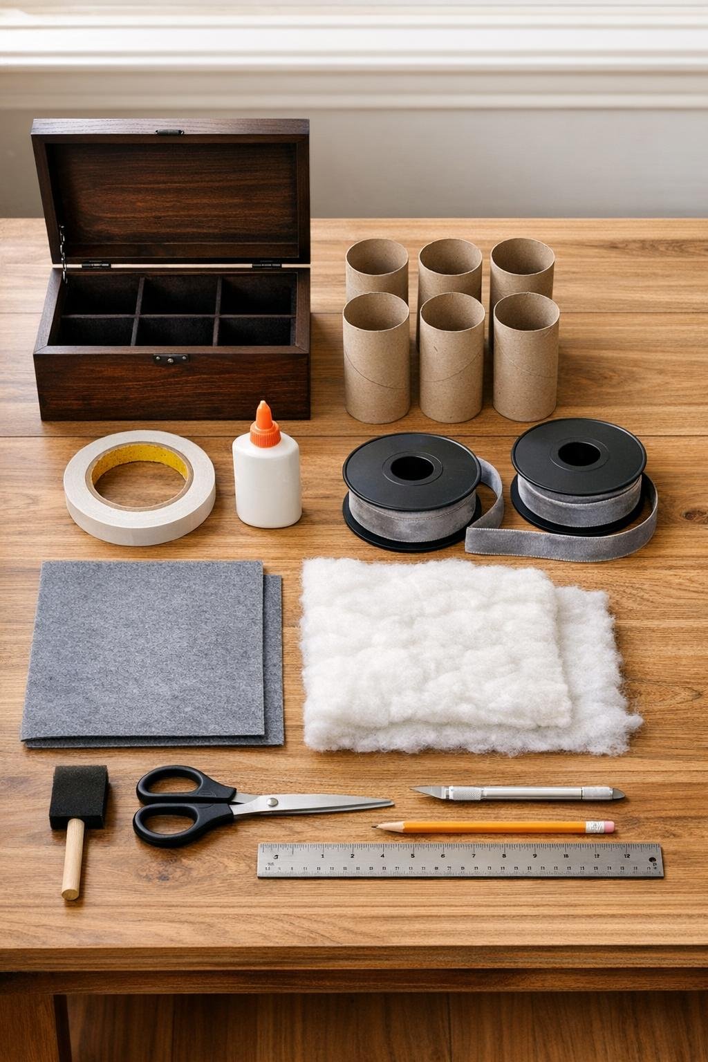 Materials for making a velvet ribbon watch display in a wooden tea box