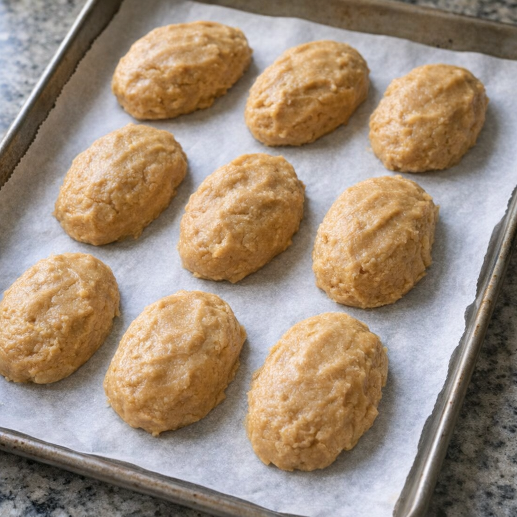Uncoated peanut butter eggs shaped on a parchment-lined tray