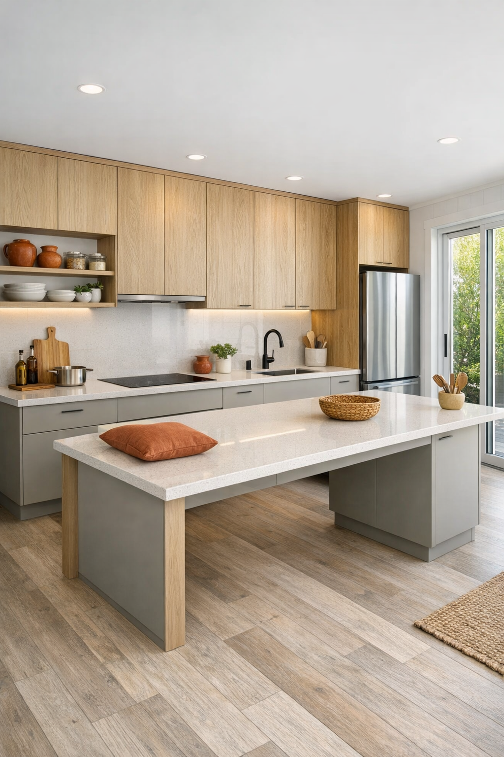Modern accessible kitchen with quartz counters, putty cabinets, and white oak details