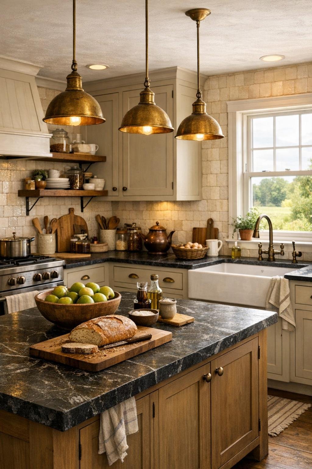 Warm farmhouse kitchen with putty cabinets, soapstone island, apron sink, and open oak shelving