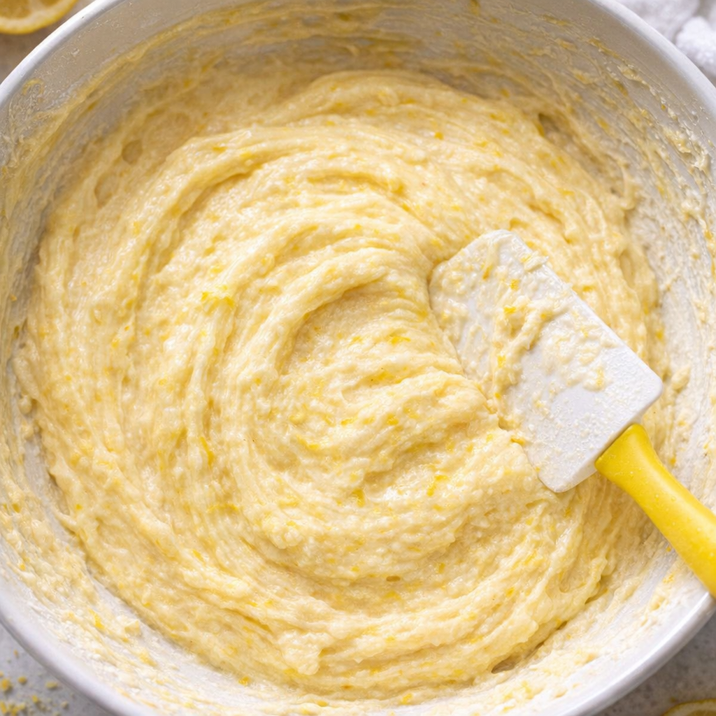 Thick lemon cake batter in a mixing bowl