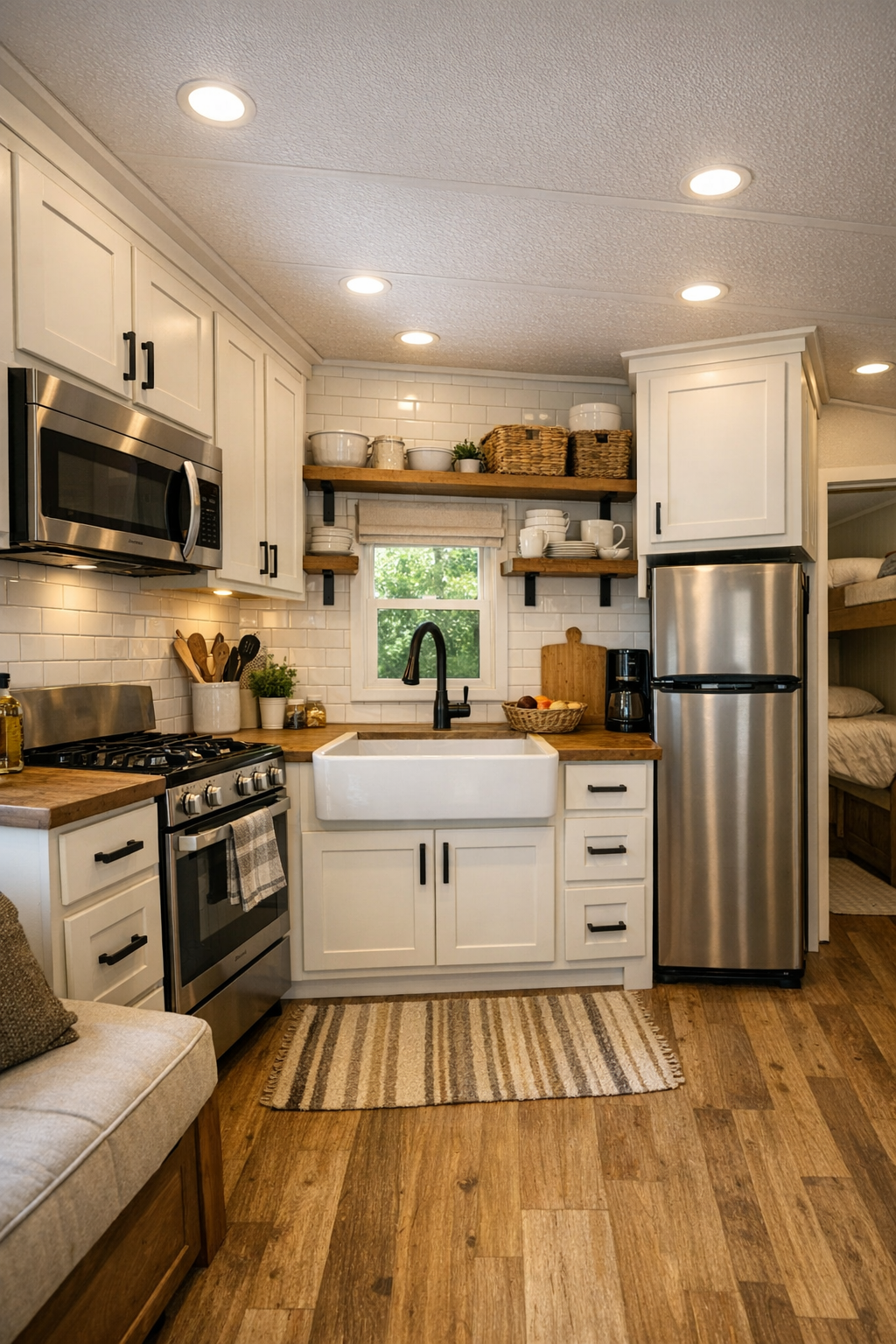 White farmhouse kitchen with light cabinets, butcher block counters, open shelves, and a farmhouse sink
