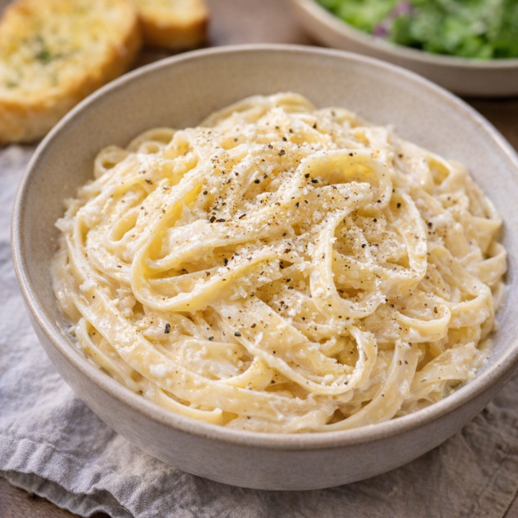 Creamy slow cooker fettuccine served in a bowl