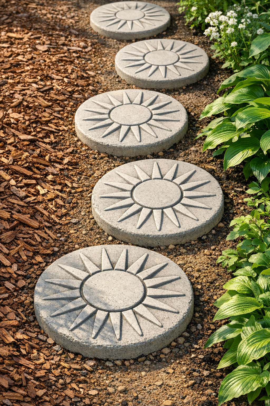 Finished sunburst concrete stepping stones in a garden path
