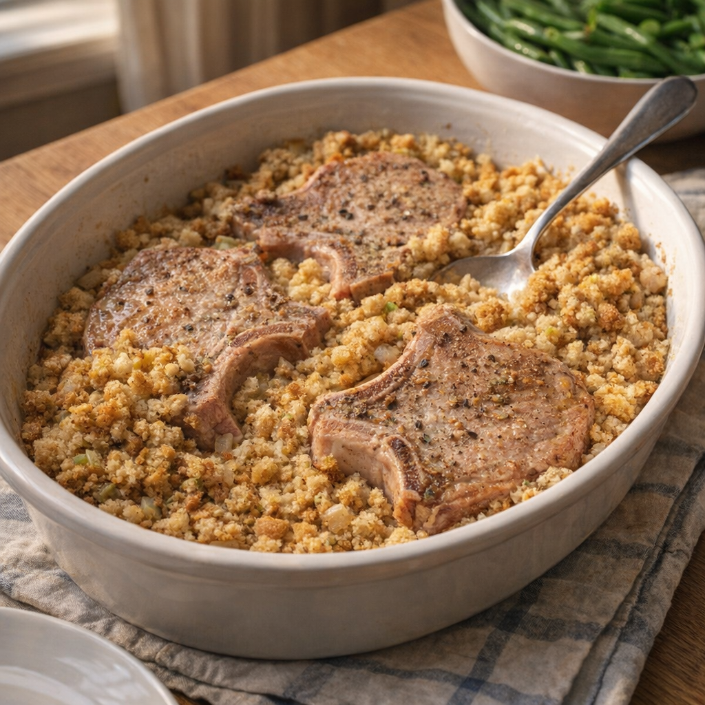 Slow cooker pork chops and stuffing served family-style