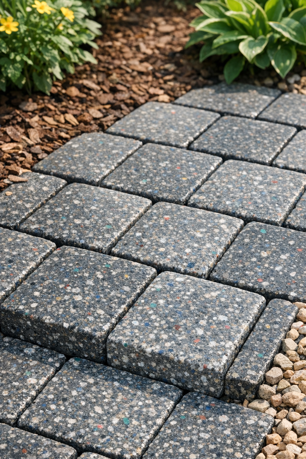 Finished heavy-duty patio bricks made from melted plastic laundry jugs arranged in a garden patio
