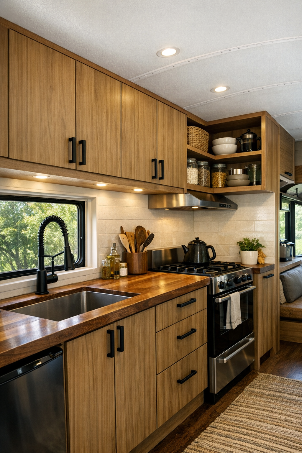 Efficient galley kitchen in a converted bus with wood cabinets and butcher-block counters