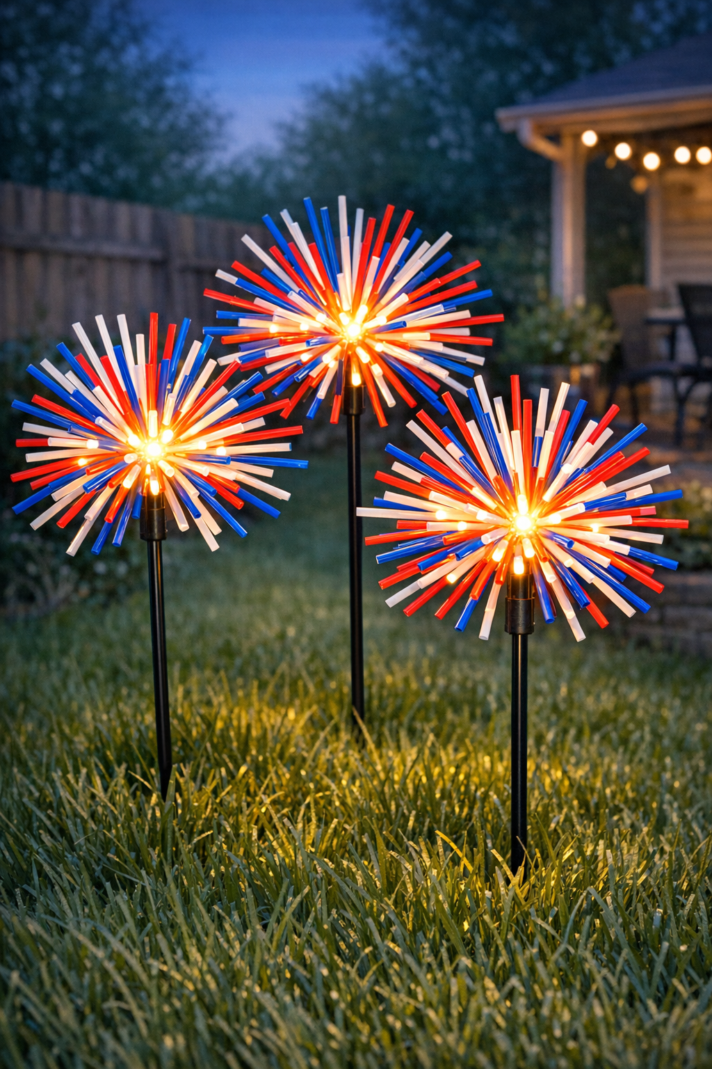 Finished giant glowing backyard firework lights made from straws and LED garden stakes