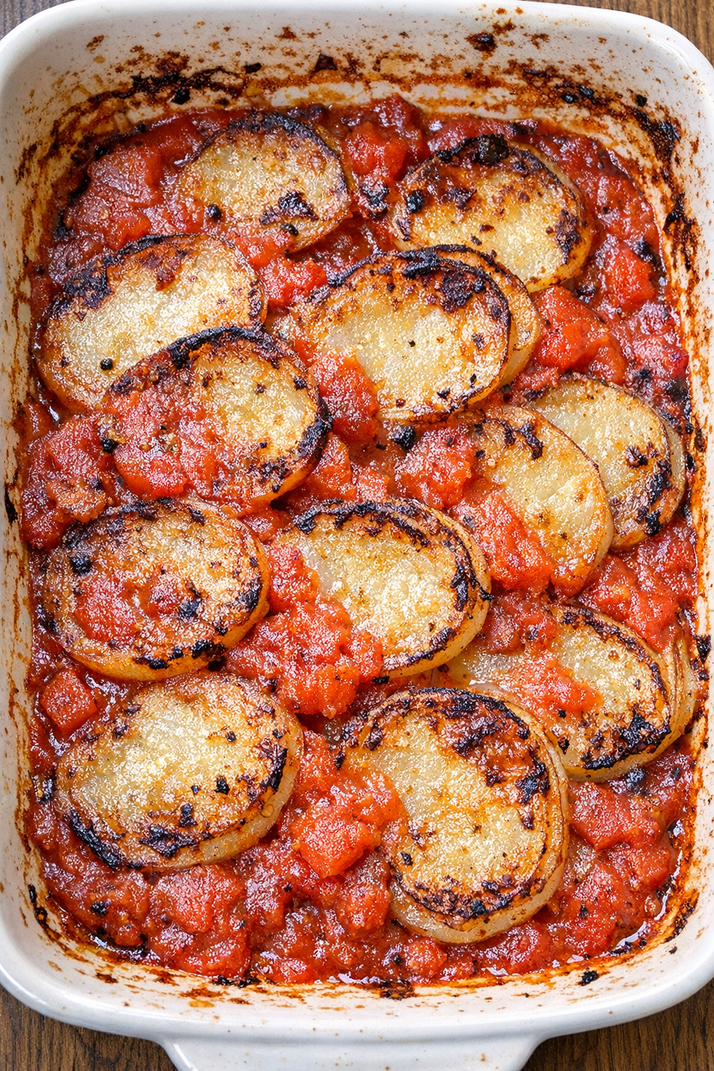 Baked tomato potato scallop in a white casserole dish