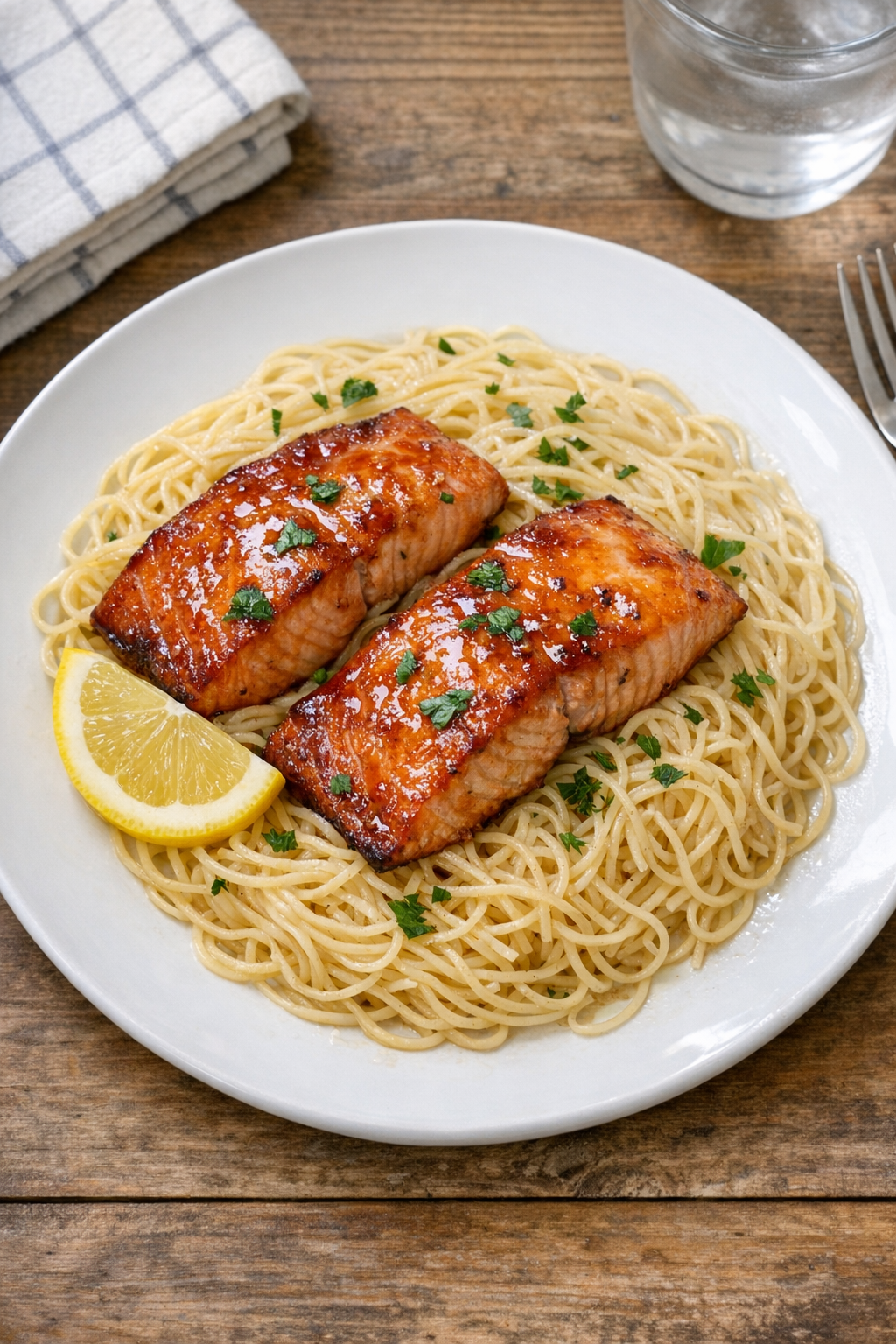 Finished baked glazed salmon with angel hair pasta on a plate