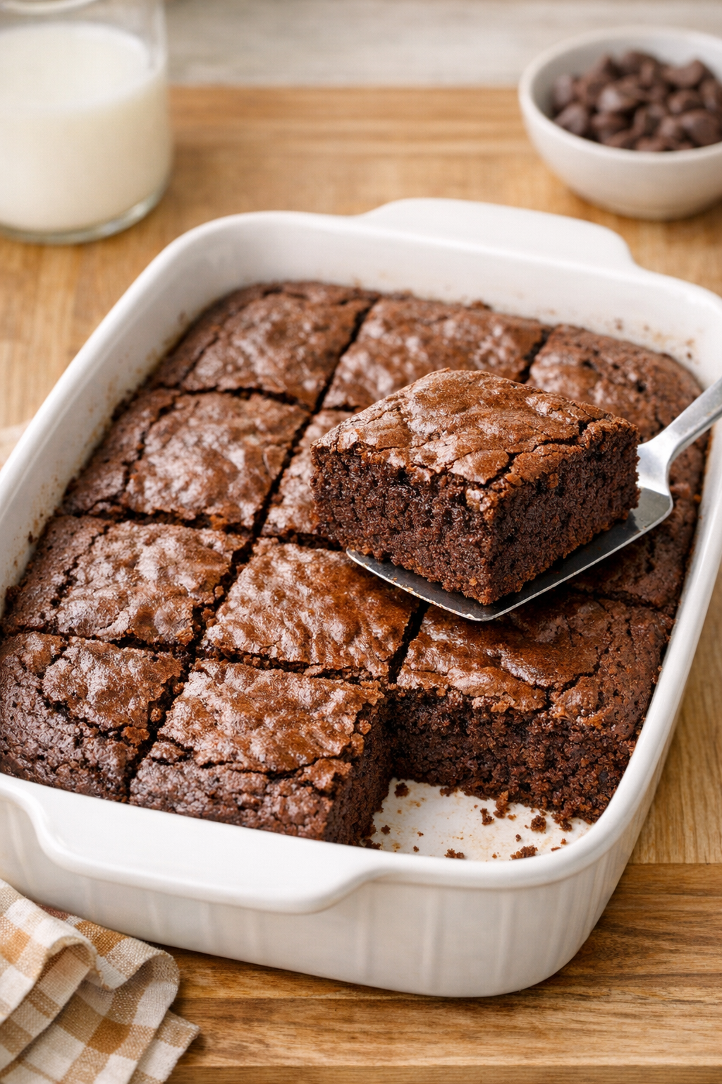 Finished brownie mix dessert in a ceramic casserole dish