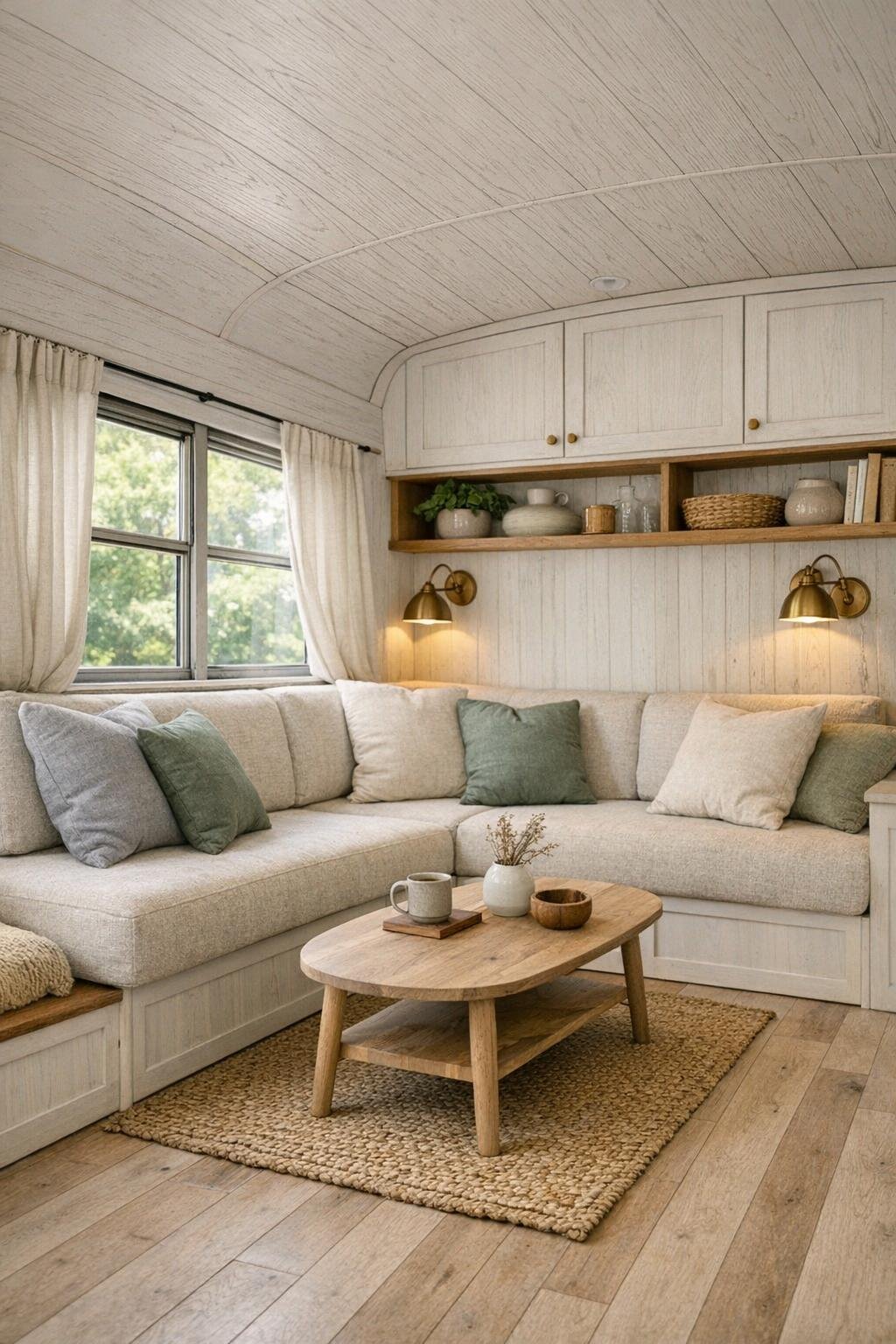 Cozy bus living room with built-in bench sofa, oak shelves, and soft natural light