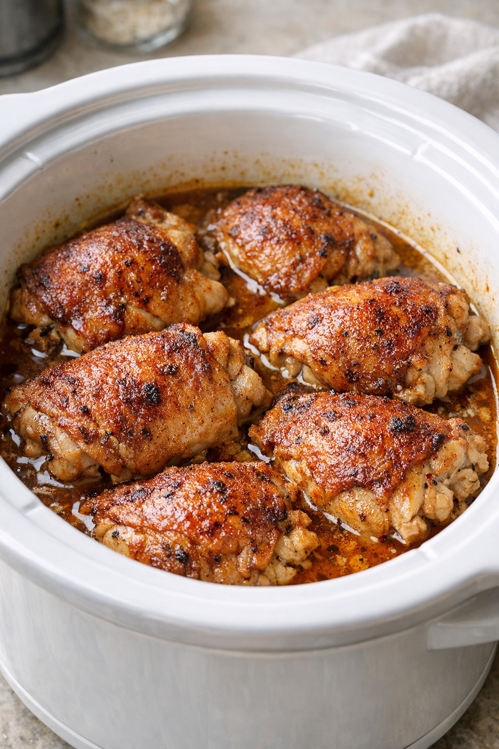 Cooked paprika chicken resting in buttery juices in the slow cooker
