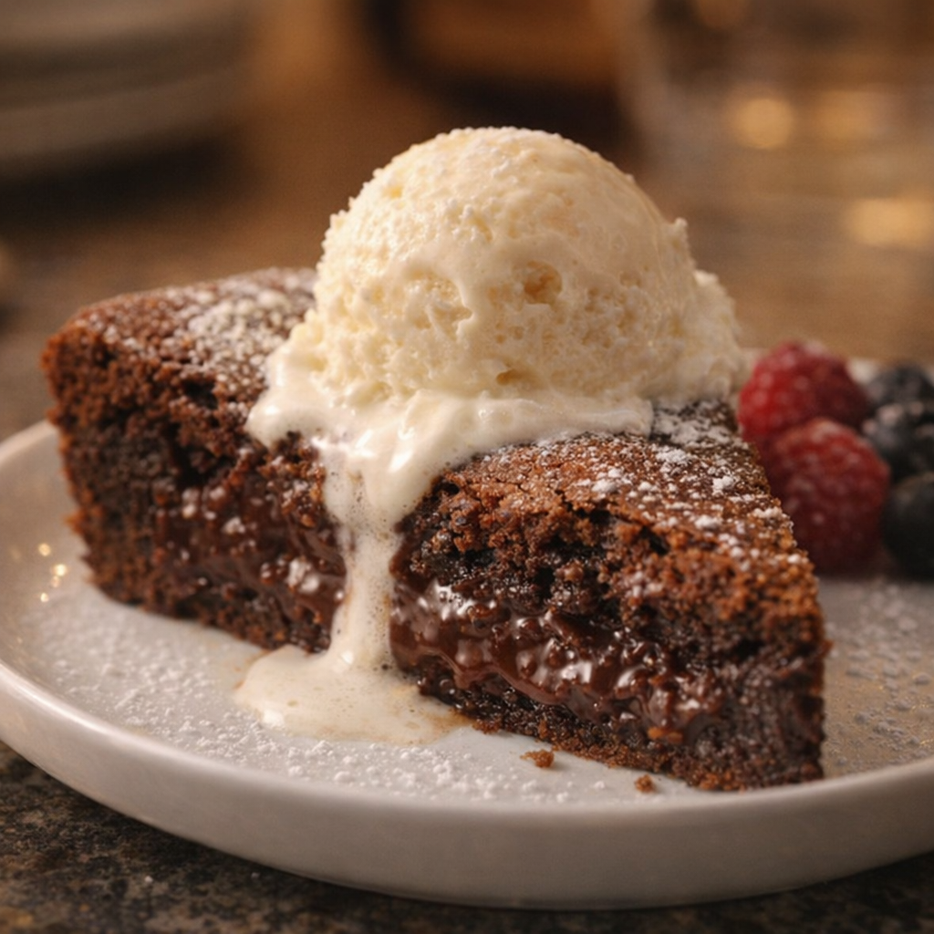 Slice of brownie pie with melting vanilla ice cream