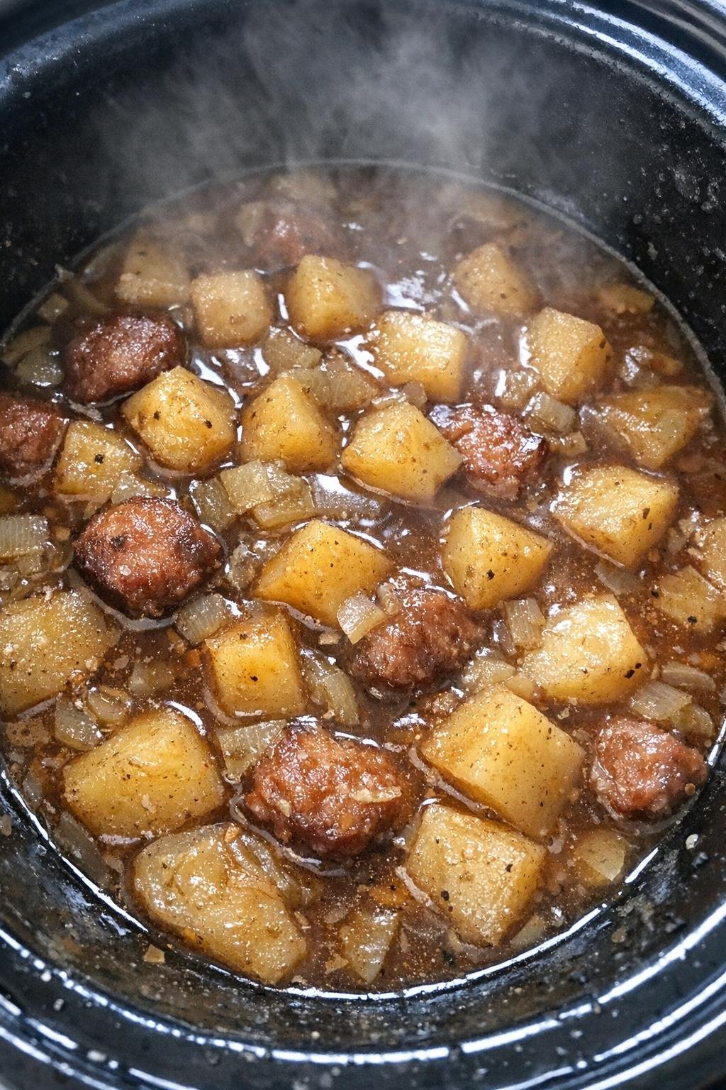 Slow cooker potato supper finished and steaming