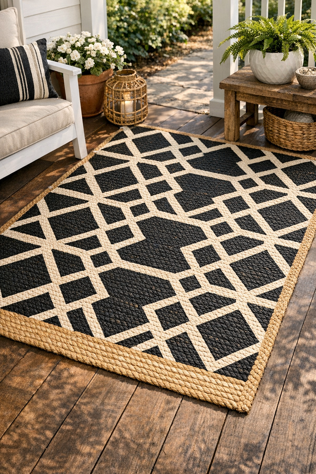 Finished painted seagrass outdoor rug on a porch