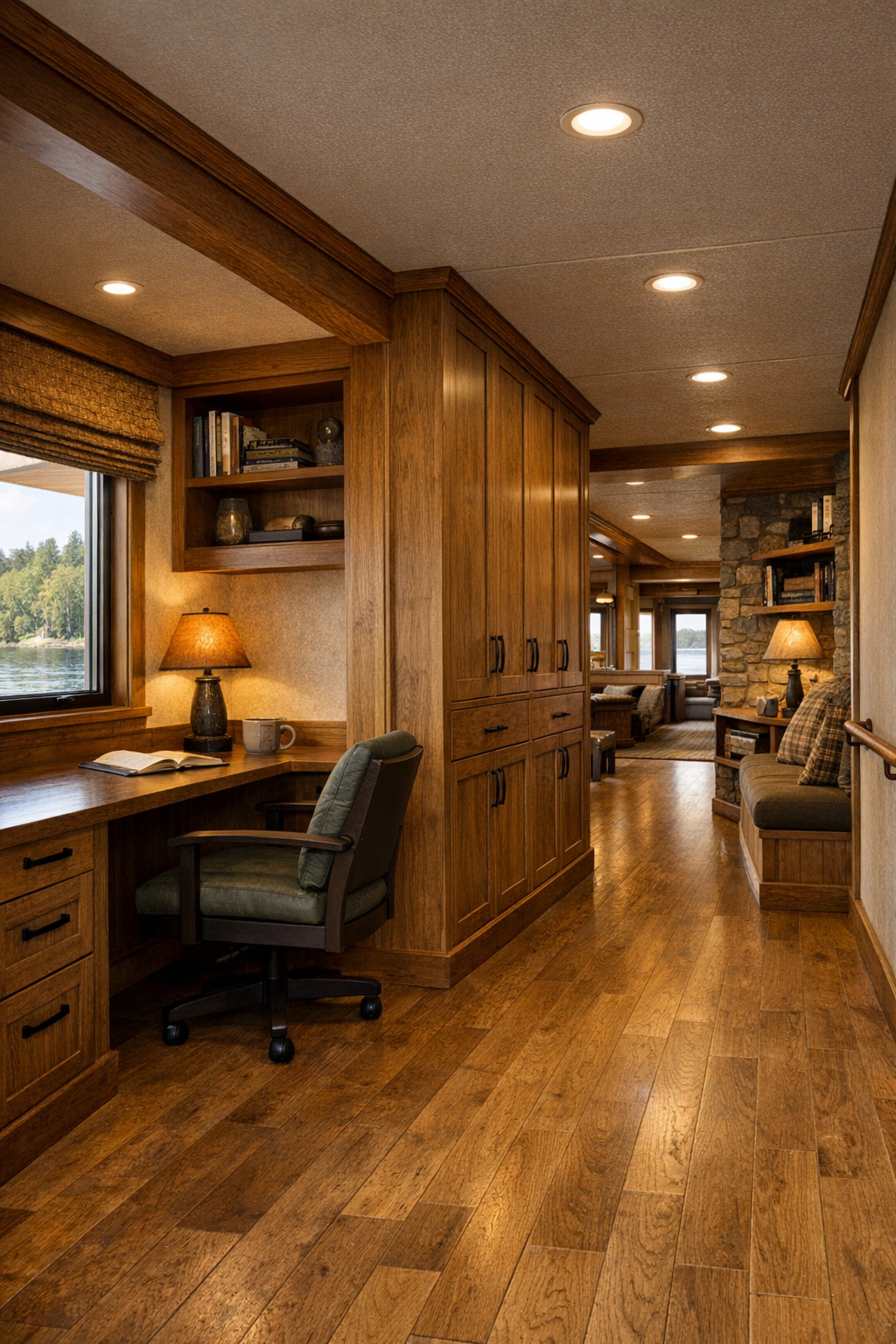 Wide hallway and built-in nook in a warm Adirondack lodge houseboat interior