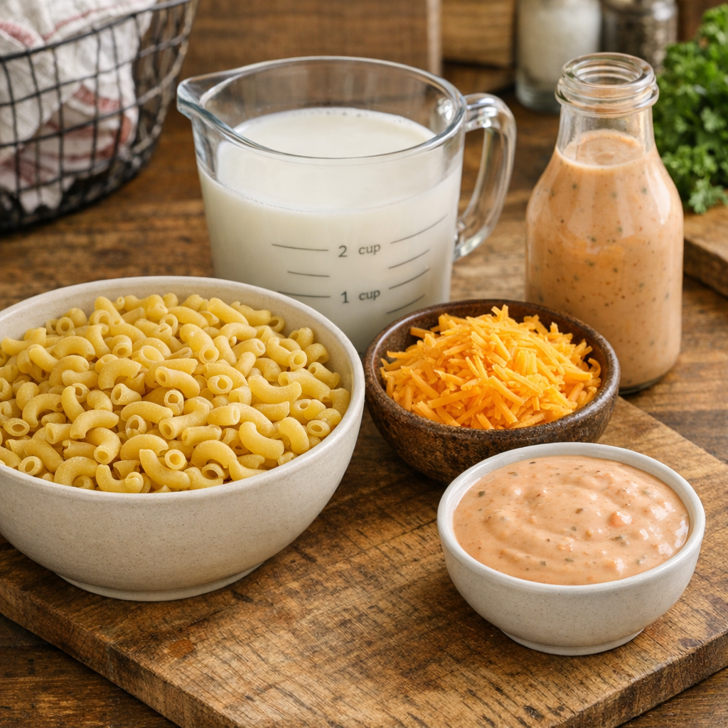 Measured macaroni, thousand island dressing, milk, and cheddar cheese