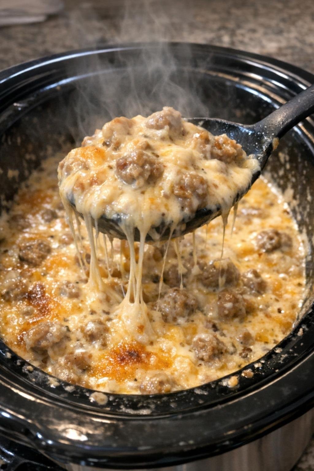 Bubbling sausage and golden cheese in a slow cooker