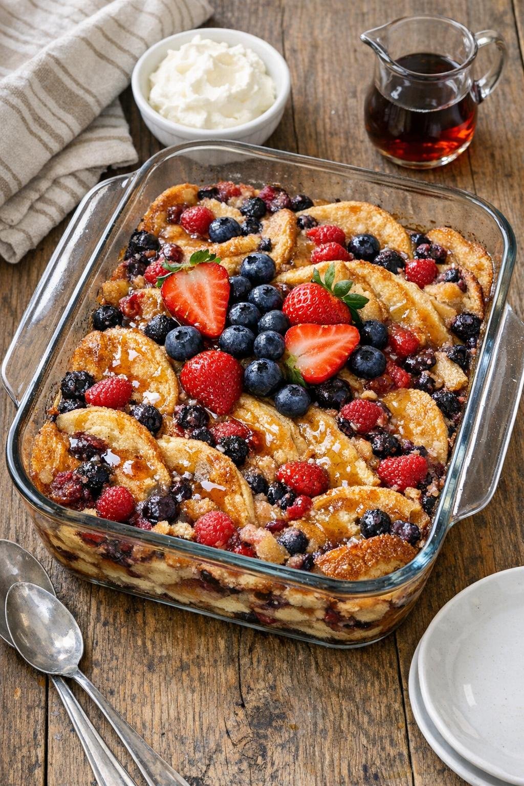 Finished baked pancake dessert in a glass baking dish