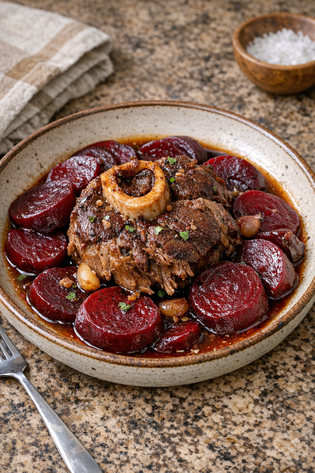 Finished Amish beet beef plated in a rustic bowl
