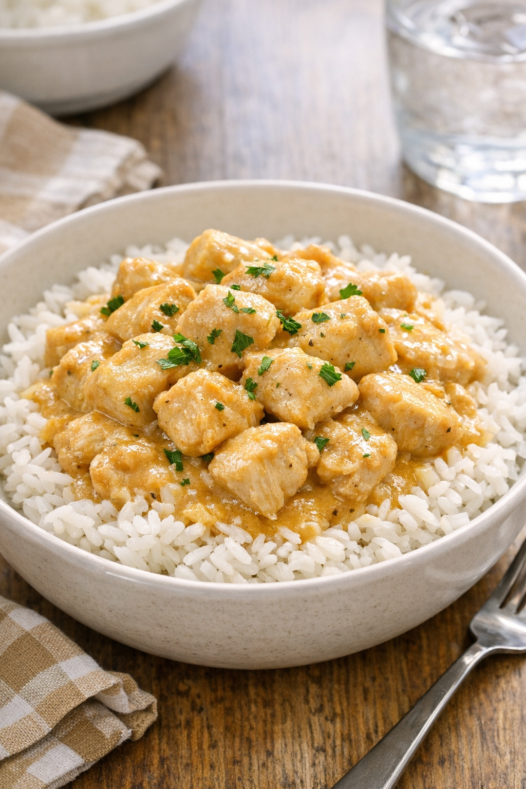 Finished slow cooker chicken served over rice