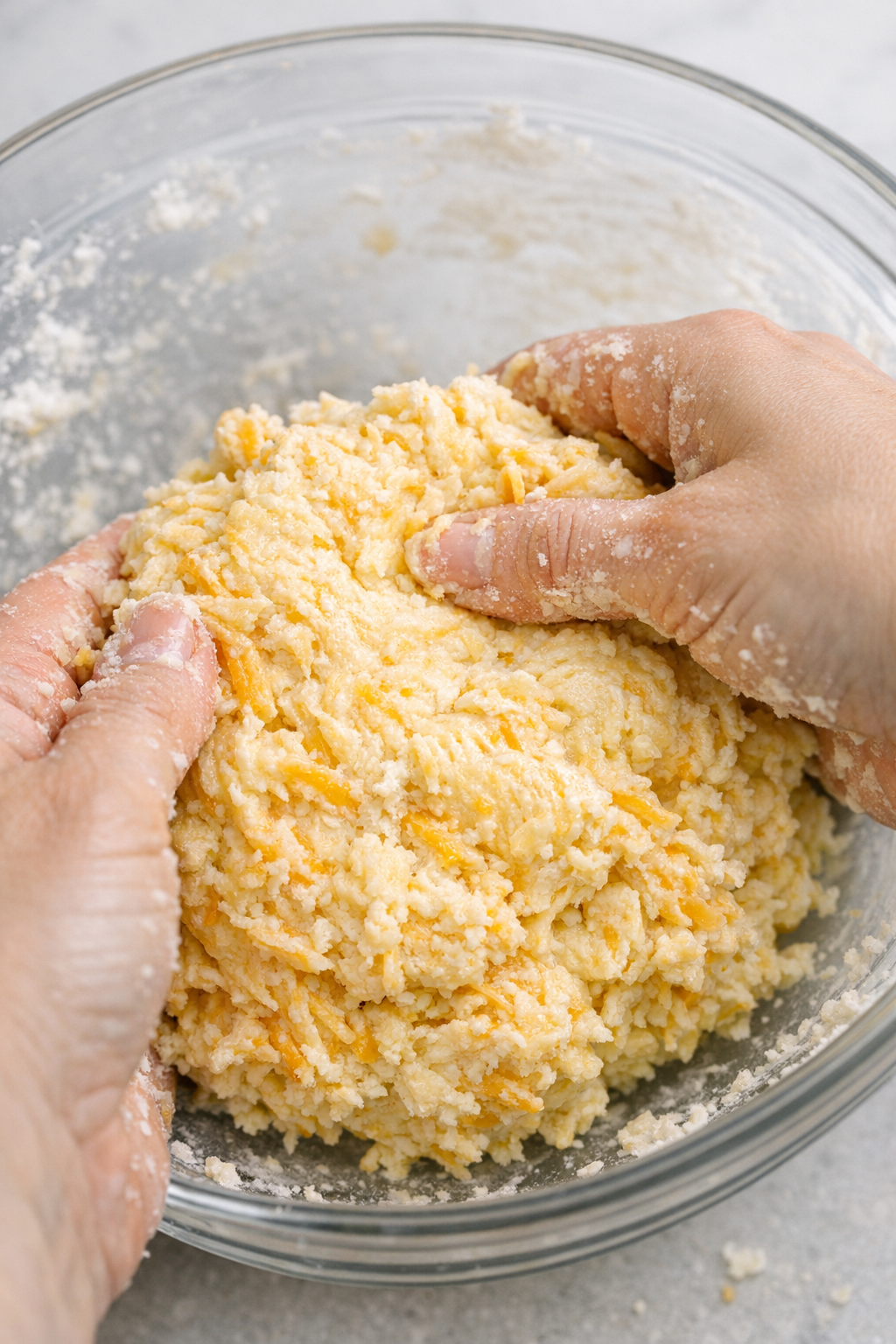 Cheddar dough being mixed in a bowl