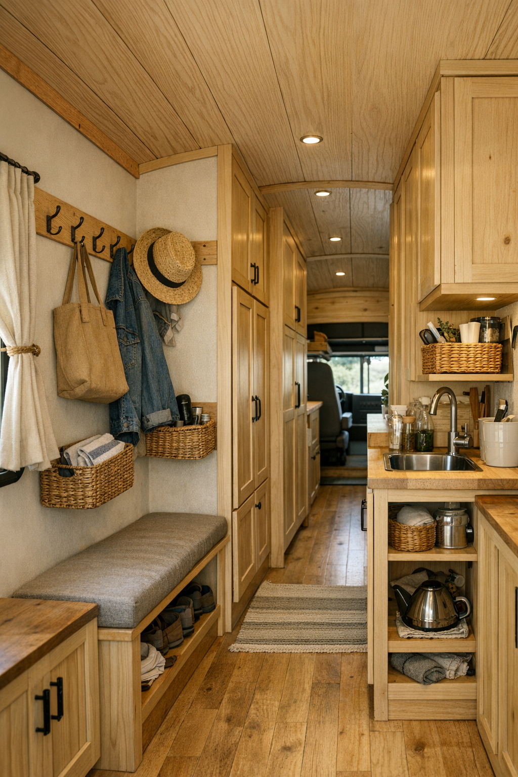 Functional corridor and storage area inside a converted bus with built-in cabinetry and hooks