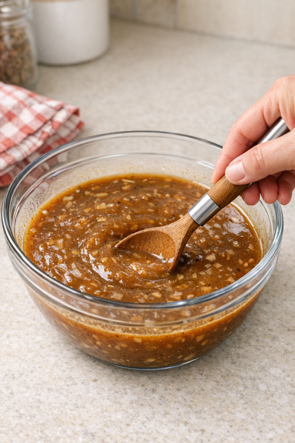 Brown gravy mixture being stirred in a bowl