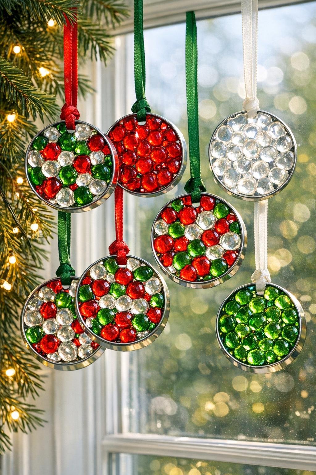 Finished round stained-glass bead ornaments hanging in a sunny window