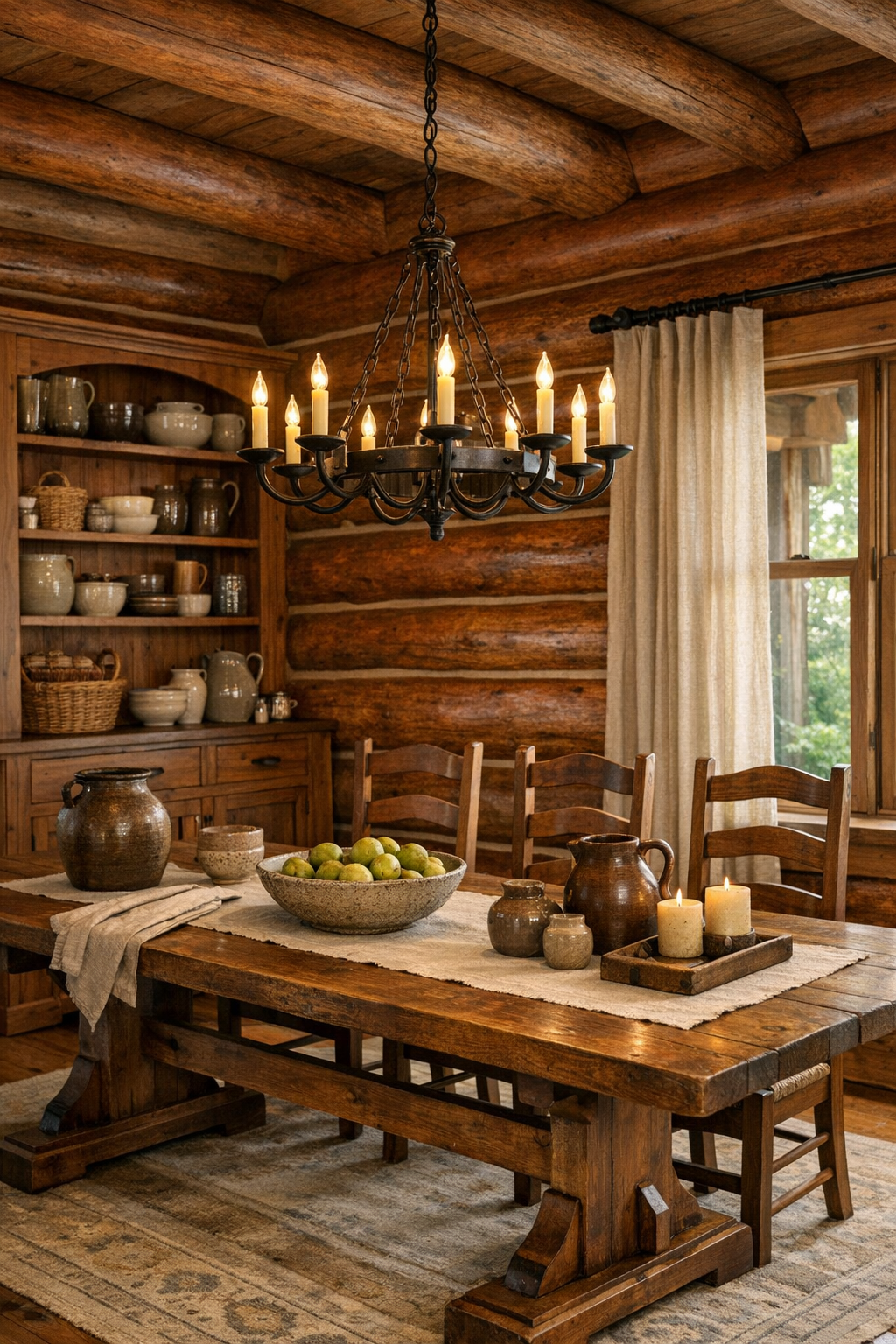 Handcrafted dining room with trestle table, ladder-back chairs, and wrought iron chandelier