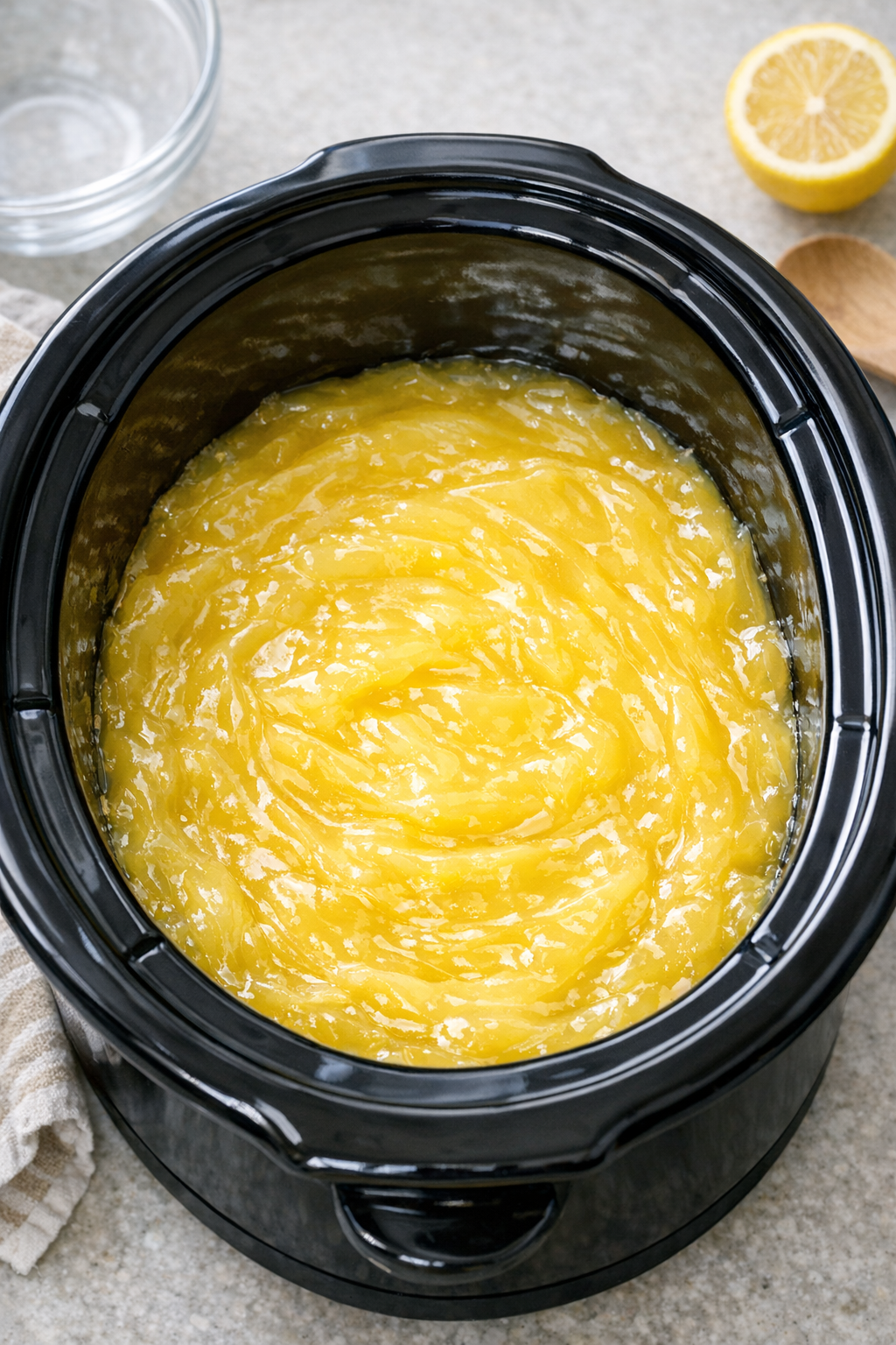 Lemon pie filling spread in the bottom of a slow cooker