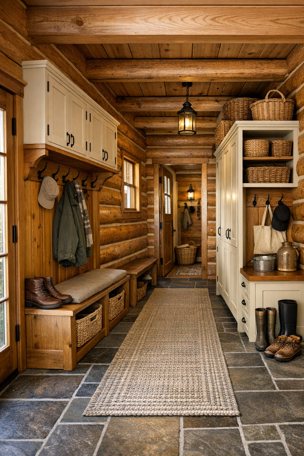 Entry and mudroom area with built-in bench, shaker cabinetry, baskets, and warm log walls