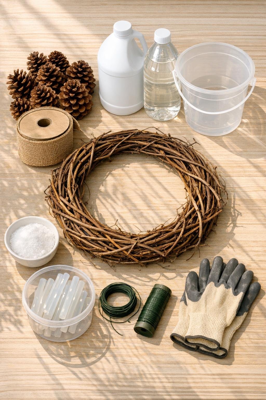 Materials for a rustic harvest wreath laid out on a table